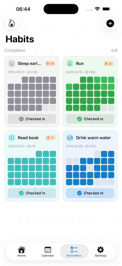 In-app Habits tab: streak cards, progress grids, and Checked In buttons