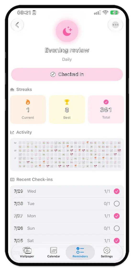 Habit detail with current streak, best streak, and recent check-ins