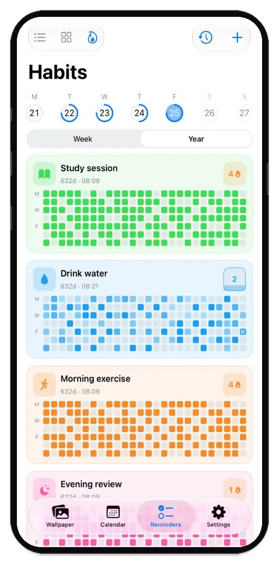 Habits year view with a colored activity grid for each habit