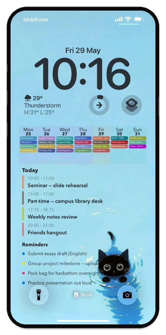 Lock Screen: week agenda, Today schedule, and Reminders