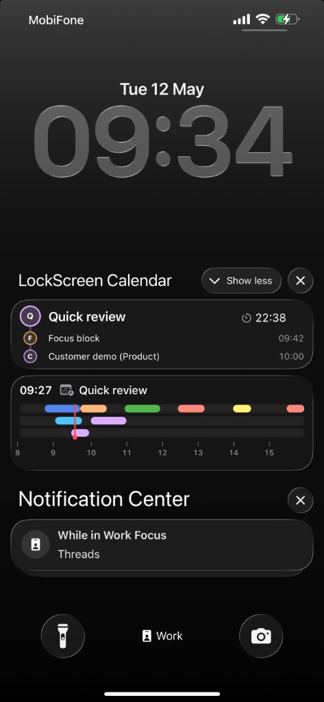 iPhone Lock Screen with Live Activity: event list and day timeline