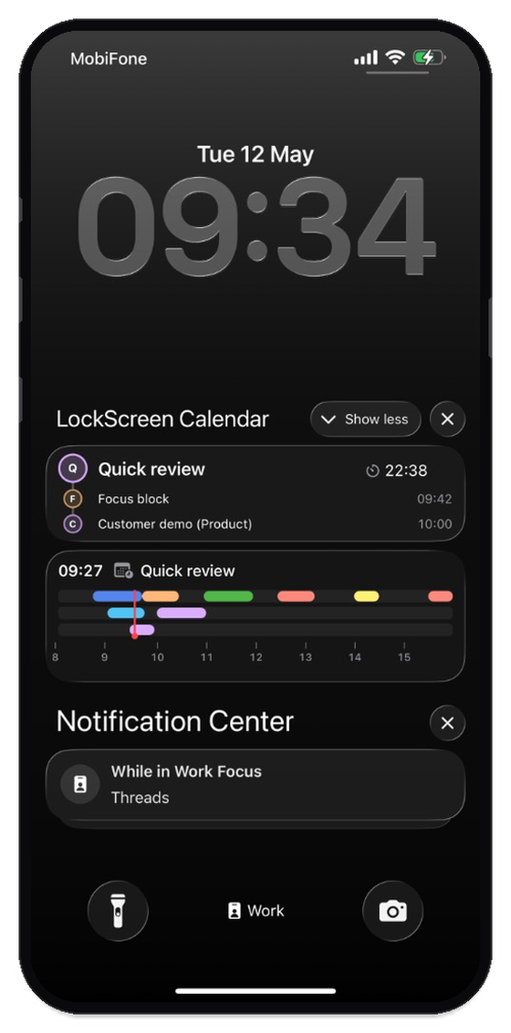 iPhone Lock Screen with Live Activity: event list and day timeline