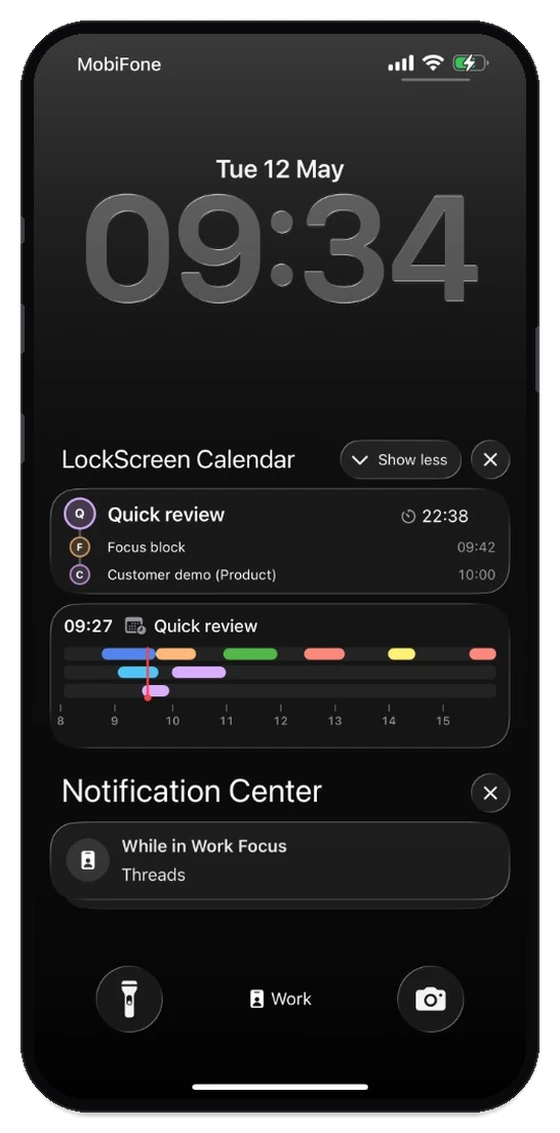 iPhone Lock Screen with Live Activity: event list and day timeline