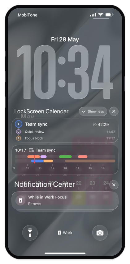 Lock Screen Live Activity: event list and timeline on dark wallpaper