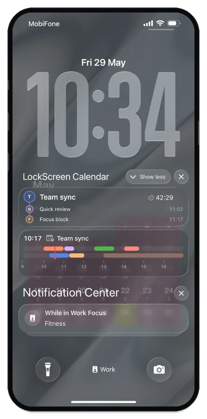 Lock Screen Live Activity: event list and timeline on dark wallpaper