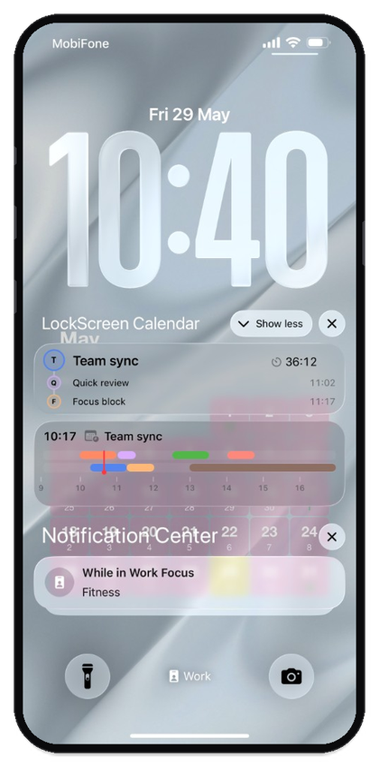 Lock Screen Live Activity: upcoming events list and day timeline