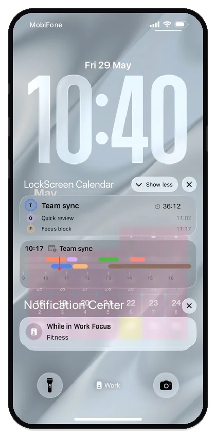 Lock Screen Live Activity: upcoming events list and day timeline